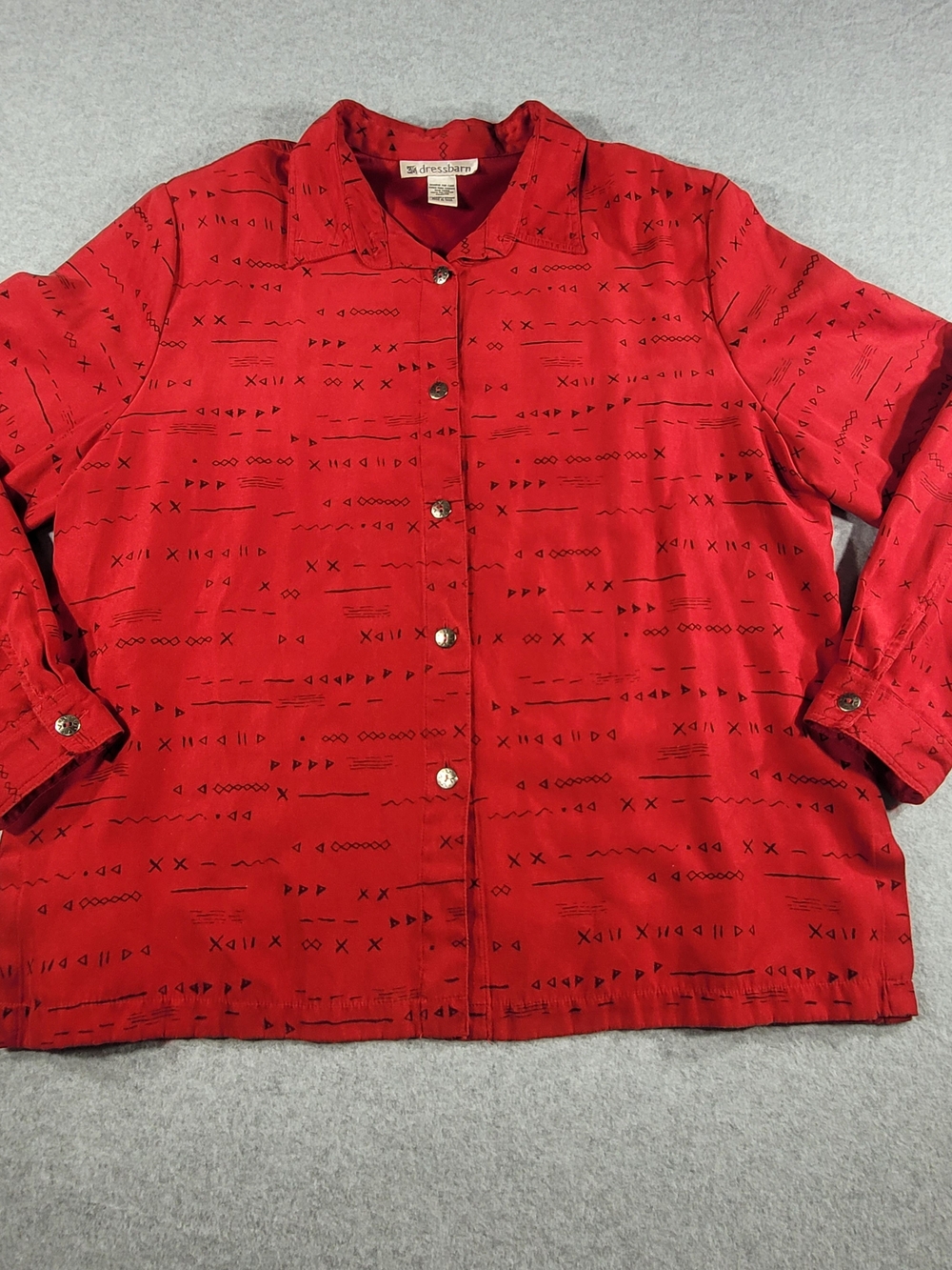 dressbarn Red Button-Down Shirt with Black Linear Motif